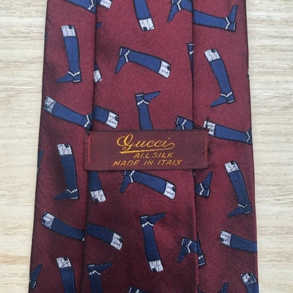 Gucci Vintage Silk Red Tie, Navy Blue Boot Pattern